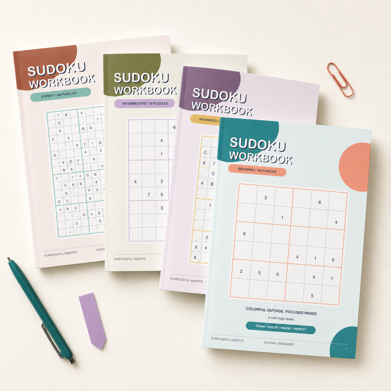 Purposeful Inserts A5 Sudoku workbooks in four levels